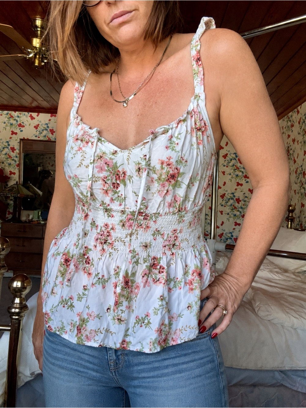 brave fame y2k floral smocked peplum cami top size large cottagecore coquette